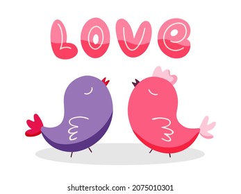 Valentine's day concept with cute birds and the inscription Love. Vector hand drawn greeting flower illustration