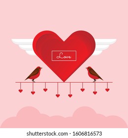 Valentine's day concept. Cute couple lover birds on the red branch, vector illustration.