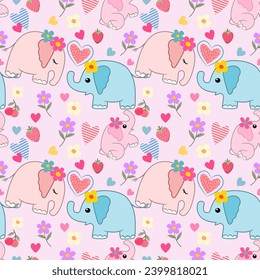 Valentines day concept of Cute elephant with heart shape and flowers seamless pattern for fabric textile wallpaper gift wrap paper background.