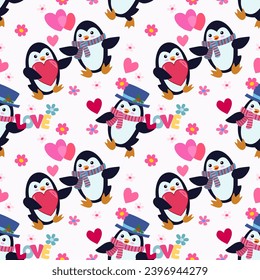 Valentines day concept cute penguin with heart shape seamless pattern for fabric textile wallpaper gift wrap paper background.