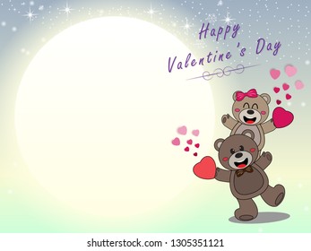 Valentine's day concept, Cute teddy Bear clutching a red heart in its arms on full moon background for an anniversary or valentine's celebration,Vector illustration ep10.