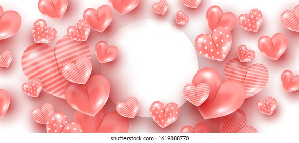Valentines day concept. Delicate pink silk heart shaped balloon on a white round frame background. Horizontal banner for article, discount discount, poster, invitation