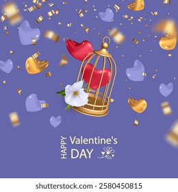 Valentine's day concept design with falling bird cage, hearts and glitter