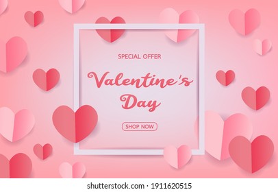 Diseño conceptual de San Valentín para aplicaciones web y de compras. Tarjetas promocionales y de descuento. 
El tema del amor es rosa y rojo. Corazón hecho de papel.Diseño de estilo de arte de papel para Banner, publicidad