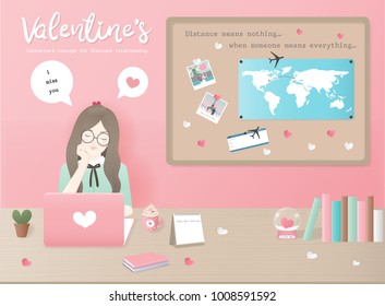 Valentine's day concept for distance relationships with girl chatting with boyfriend, including wold map on board, boarding pass and books, potted cactus. Flat design vector illustration.