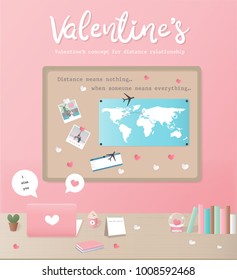 Valentine's day concept for distance relationships with world map on wooden board, boarding pass and books, potted cactus on a wooden table. Flat design vector illustration.