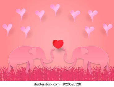 Valentines day concept with elephant and heart shape on pink vector background, Paper art style