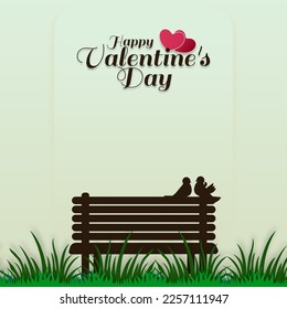 Concepto de San Valentín. Un banco vacío sobre un césped verde en el parque, dos pájaros enamorados en la parte superior derecha.