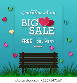 Valentine's Day concept. Empty bench on a green lawn in the park, Valentine's Day Big Sale background.