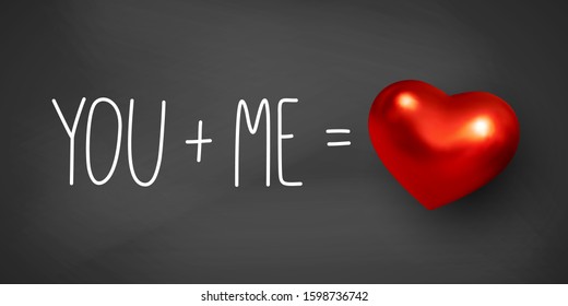 Valentine's day concept. Equation with handwritten lettering and red metallic glossy heart. Doodle sign, black background. Vector.