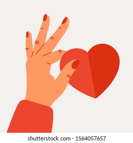 Valentines day concept with Female hand holds red valentine card of heart shape. Vector festive illustration