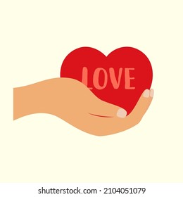 valentines day concept with female hand holds red heart, vector illustration of hand giving love symbol