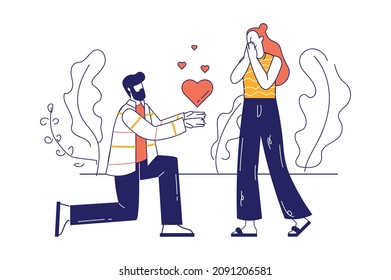 Valentines day concept in flat line design for web banner. Man confesses his love to woman. Loving couple celebrate romantic holiday, modern people scene. Vector illustration in outline graphic style