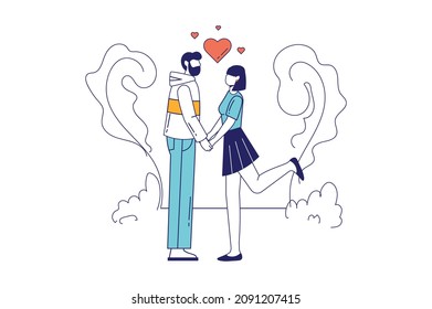 Valentinstag Konzept in flacher Linie Design für Web-Banner. Mann hält Händlerin. Verliebt feiern romantische Ferien zusammen, moderne Menschen-Szene. Vektorgrafik im Skizzenbildstil