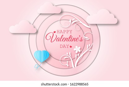 Valentine's day concept with floral and tree branch,valentine balloon flying on clouds, Paper cut style, Vector symbols of love, soft pink gradient background