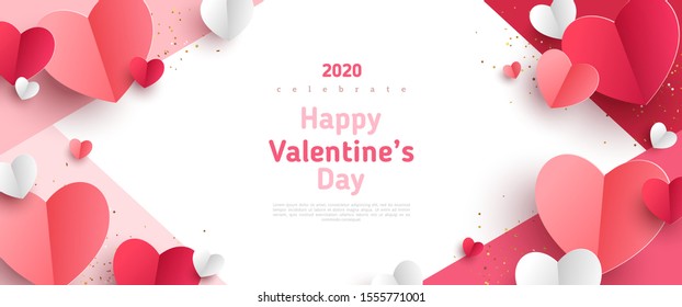 Valentine's day concept frame. Vector illustration. 3d red and pink paper hearts on geometric background. Cute love sale banner or greeting card