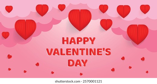 Valentine's Day concept frame. Vector illustration. 3d pink and white paper hearts on a geometric background. Cute love sale banner or greeting card	
