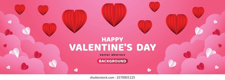 Valentine's Day concept frame. Vector illustration. 3d pink and white paper hearts on a geometric background. Cute love sale banner or greeting card	
