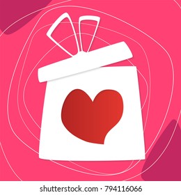 Valentine's Day concept gift box and heart shape in center for emotional message. Vector illustration.