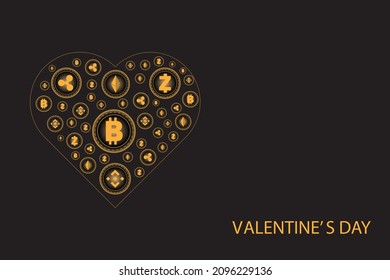 Concepto de San Valentín. Corazón dorado por la brillante moneda de criptografía en fondo negro.