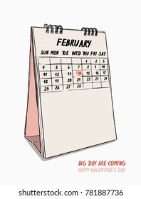 valentine's day concept, hand draw 14th February calendar vector.