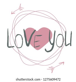 Valentine's Day concept with heart, arrows and lettering in pink and gray colors. Isolated on a white background.Vector illustration. Great for gift tags and greeting cards.