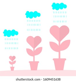 Valentine's day concept heart Flowers. Vector postcard  paper hearts .This is a love growth with rain cloud card design.