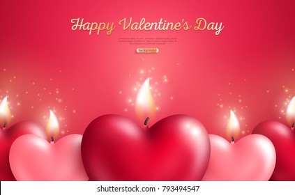 Valentine's day concept, heart shape candles set on red background. Vector illustration. Beloved symbol. Burning Flame.