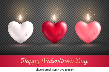 Valentine's day concept, heart shape candles set on transparent background. Vector illustration. Beloved symbol. Burning Flame Overlay Effect.