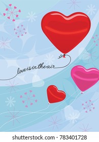 Valentine's Day Concept Heart-shaped Balloons Floating in Sky Abstract Background with words love is in the air; vintage style stars and hearts
