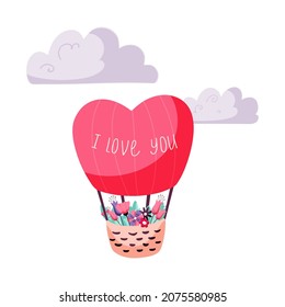 Valentine's day concept with hot air balloon and bunch of flowers. Vector hand drawn illustration of isolated elements for february 14