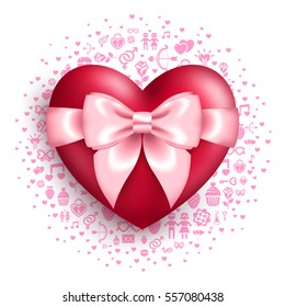 Valentine's day concept icon. 3d glossy red heart with pink bow isolated on white background with cloud of flat love symbols. Vector illustration.