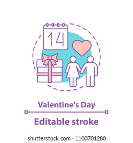 Valentine's Day concept icon. February 14th idea thin line illustration. Romantic relationships. Vector isolated outline drawing. Editable stroke