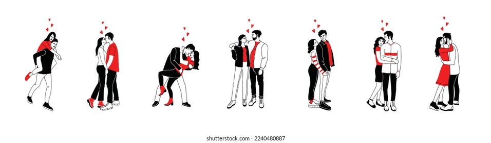 Valentines day concept, icon set of couples in love over white background, colorful minimalistic simple design, vector illustration