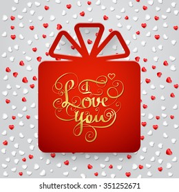 Valentine's day concept illustration with red gift box and confetti in shape of heart. 