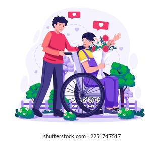 Valentinstag Concept Illustration mit Young Man, der mit seiner Freundin geht, die Blumen im Rollstuhl trägt, um im Park spazieren zu gehen