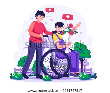 Valentine's day concept illustration with Young man walking with his girlfriend who carrying flowers sitting in wheelchair for a walk in park