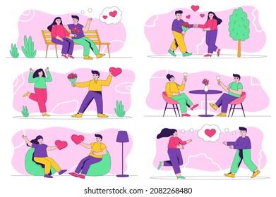 Valentines day concept isolated person situations. Collection of scenes with people confess their love, give gifts and hearts, couples on romantic dates. Mega set. Vector illustration in flat design