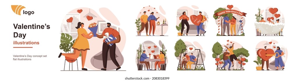 Valentines Day concept isolated person situations. Collection of scenes with people celebrating romantic holiday, couples on date, love relationship. Mega set. Vector illustration in flat design