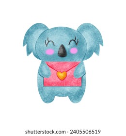 Valentine's day concept. Koala bears hold a love letter isolated on white background.