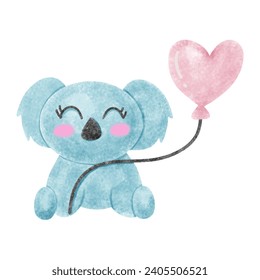 Valentine's day concept. Koala bears hold heart shape balloon isolated on white background.