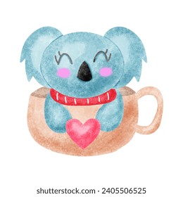 Valentine's day concept. Koala bears in a cup of coffee or tea isolated on white background.