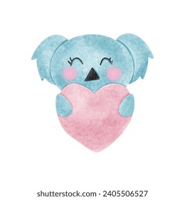 Valentine's day concept. Koala bears hold a red heart isolated on white background.