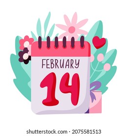 Valentine's day concept with a loose-leaf calendar on a floral background. The 14th of February. Vector hand drawn illustration