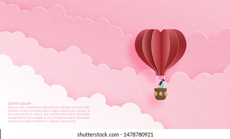 Valentines day concept. Love couple in hot air balloon floating in cloud and sky in paper cut style. Vector illustration of love. Poster, banner, template, backdrop, wallpaper, invitation card.