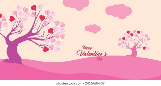 Valentine's day concept love illustration of tree with heart shaped leaves growing in paper cut style