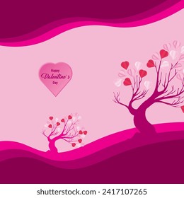 Valentine's day concept love illustration of tree with heart shaped leaves growing in paper cut style