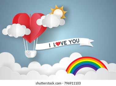 Valentine's day concept. love Invitation card abstract background with text love, clouds, balloon in a heart shape. Vector illustration. Paper and craft art.