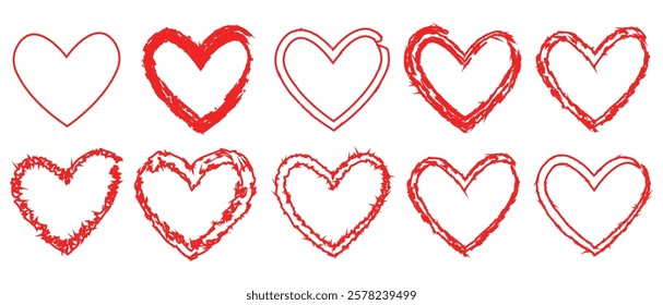 Valentine's Day concept. Love passion concept. Set of rough hearts border frame vector illustration. Red hearts isolated on the white background.