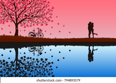 Valentine's Day concept, lovers, men and women who stand together embracing for love, have a bike under the tree with pink hearts and two birds. There is a blue river and a pink sky.